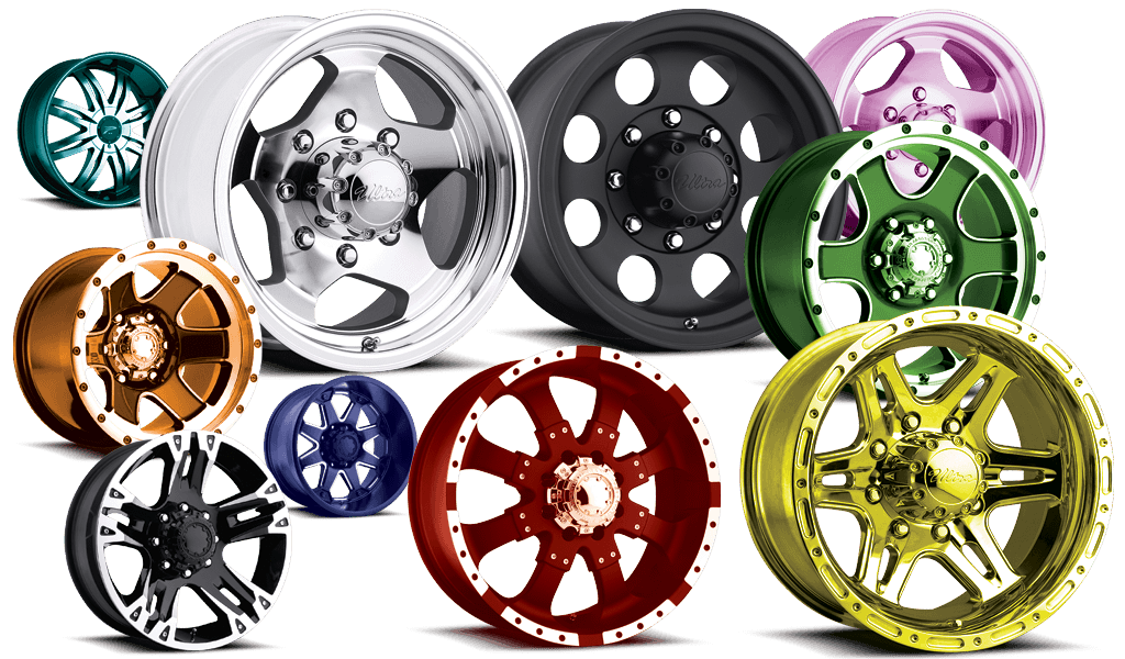 A whole bunch of wheels, each a different color and style